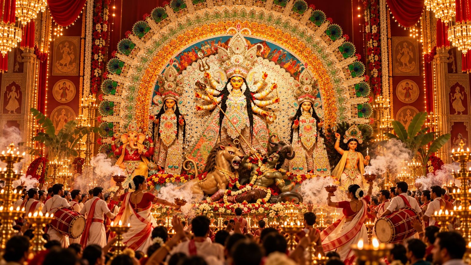 Maa Durga with her family on a lit pandal, devotees gathered below